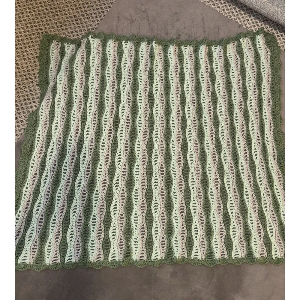 Vintage Afghan Baby Throw Crochet Stripes Green Lavender Wavy Scalloped Trim
